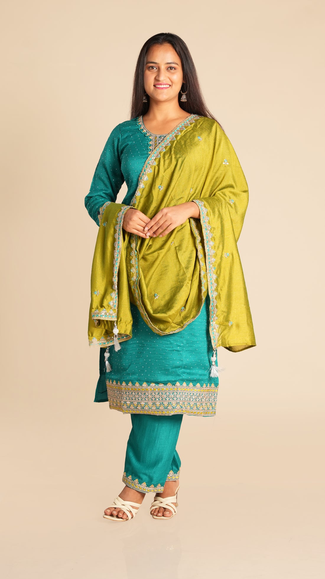 Heavy Embroidered Suit Set with Contrast Dupatta