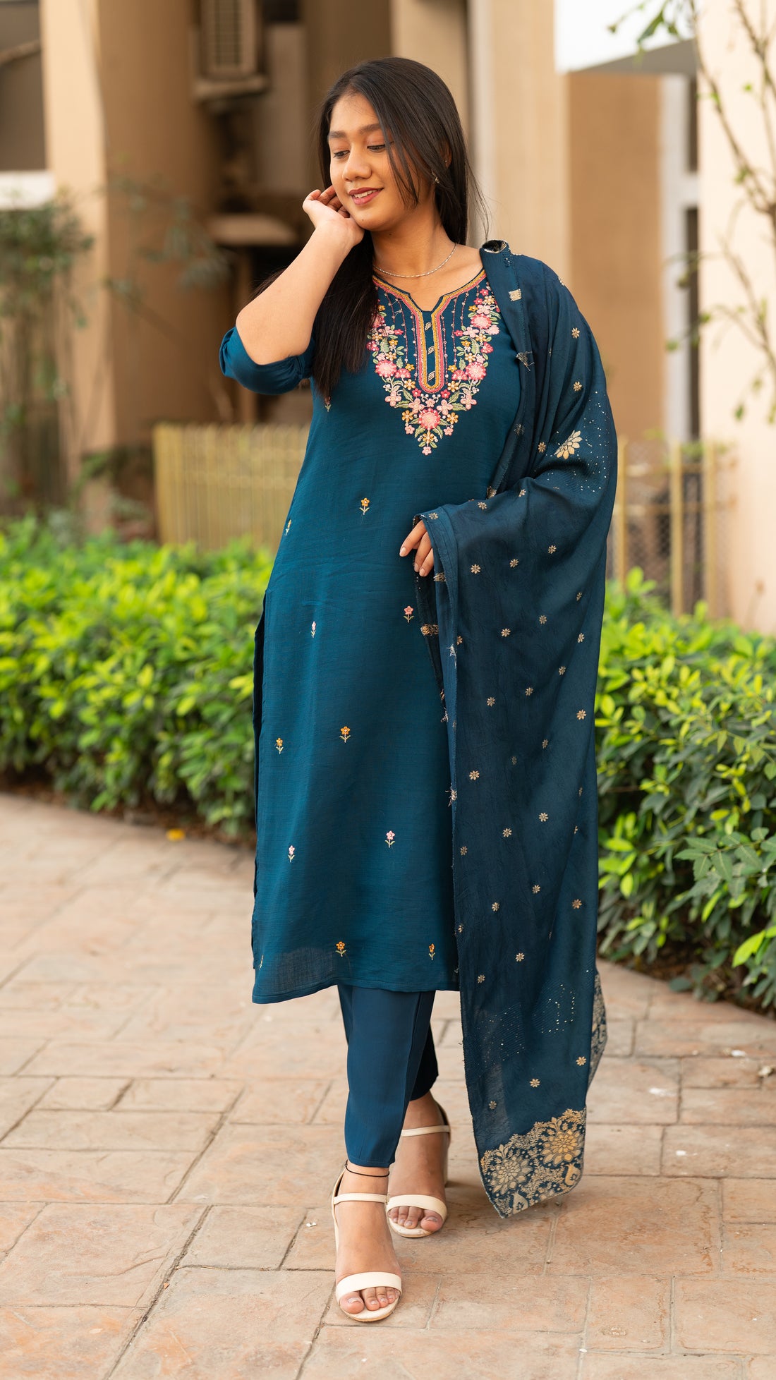 Embroidery Suit Set with Zari Worked Dupatta