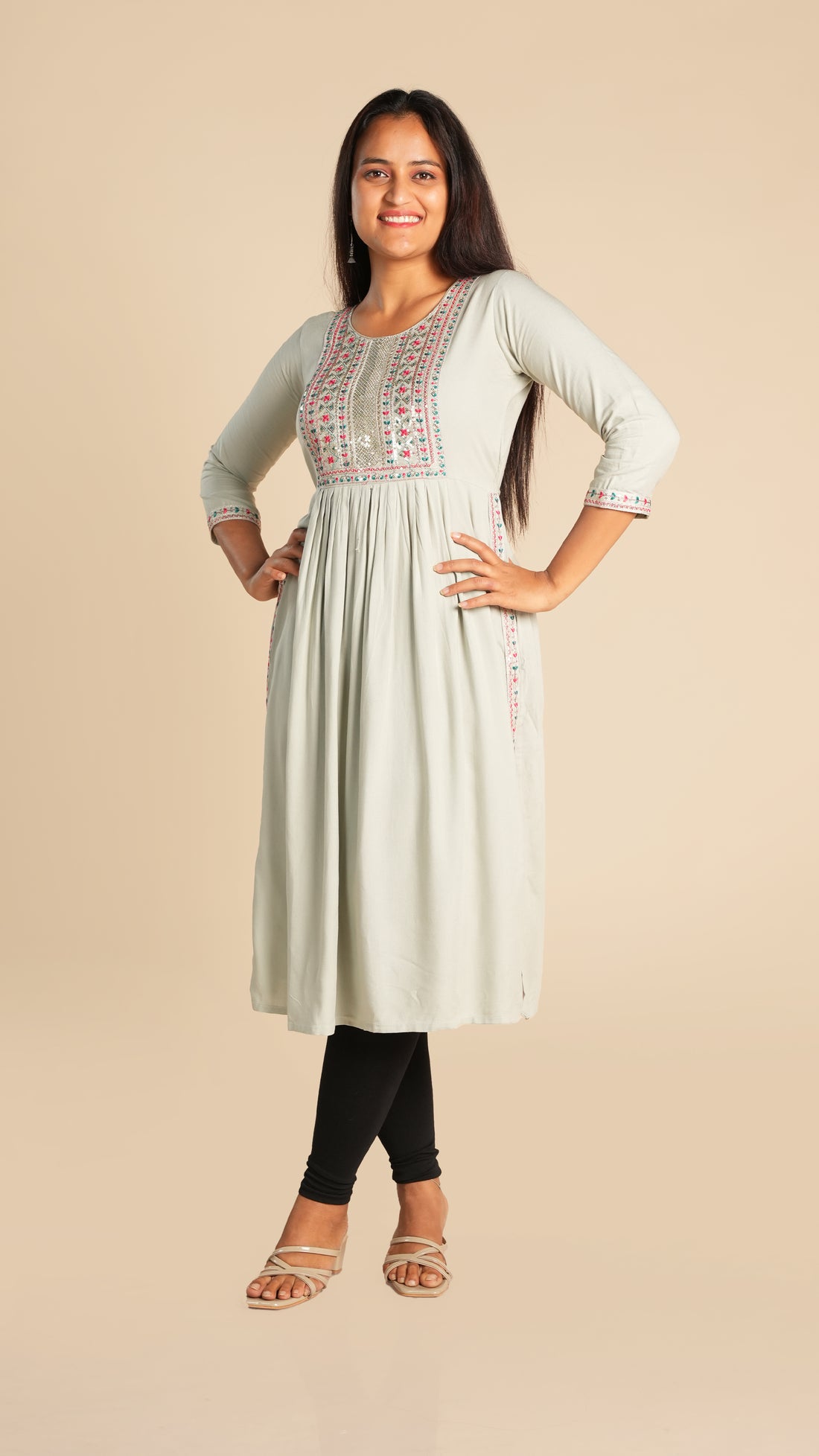 Rayon Nyra Cut Kurti with Sequins and Embroidery Neck Design