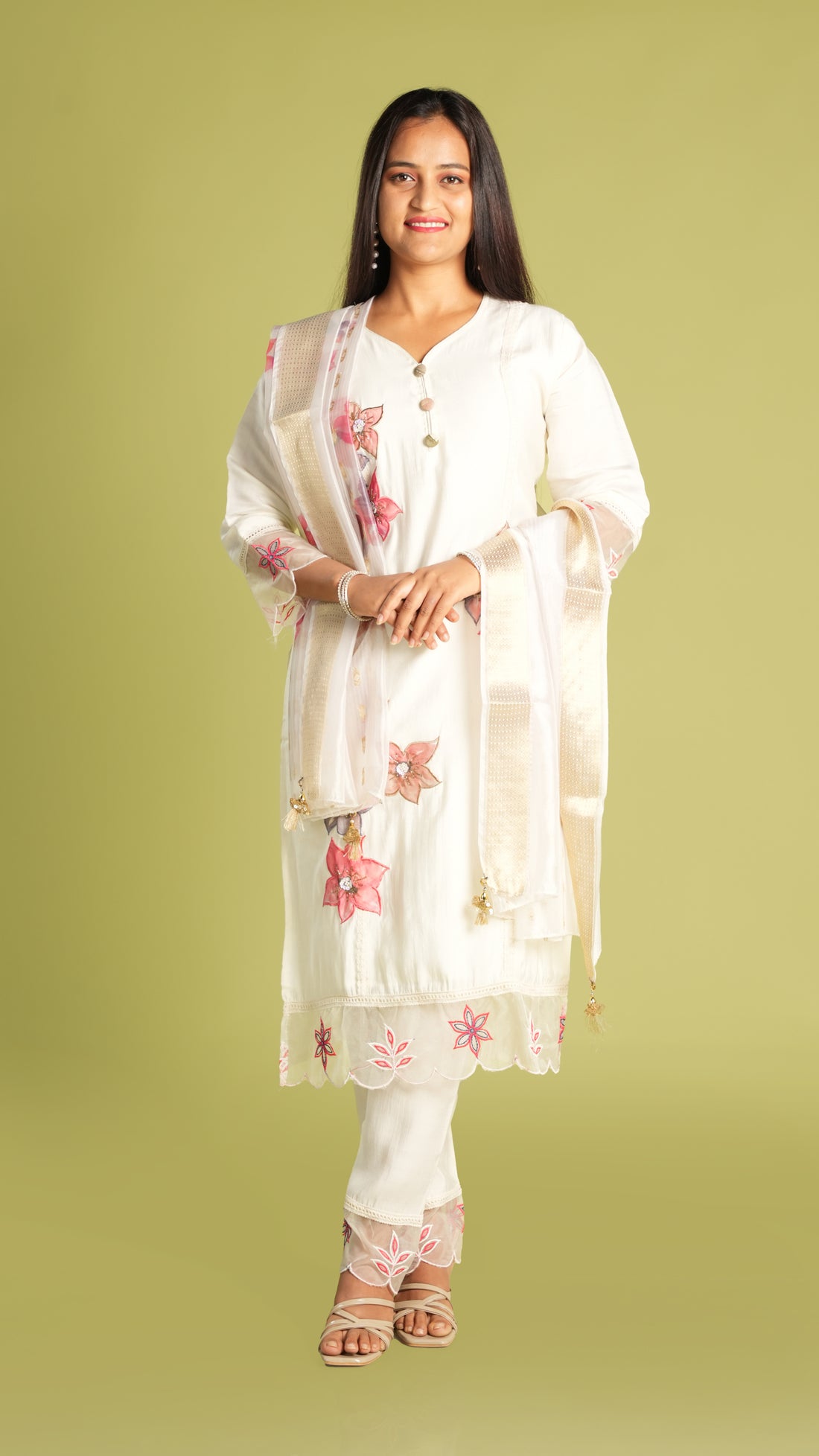Lace Work Pearl White Suit Set with Digital Print Organza Dupatta
