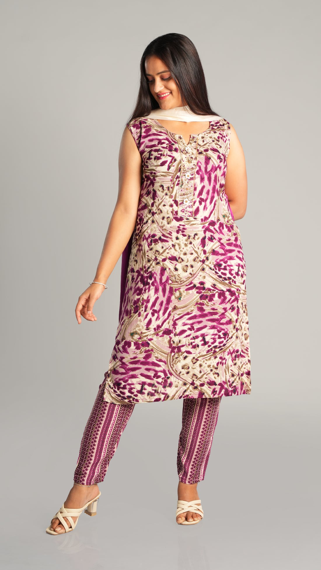 Cotton Blend Suit Set with Shinon Dupatta
