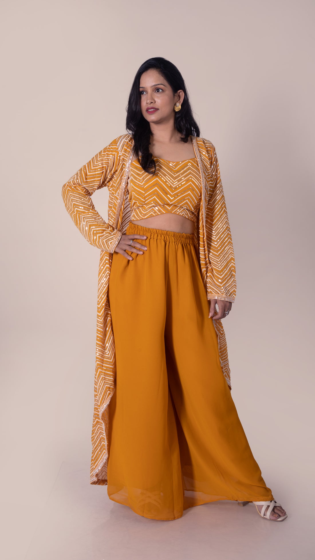 Sequined Thread Work Top and Palazzo with Long Jacket