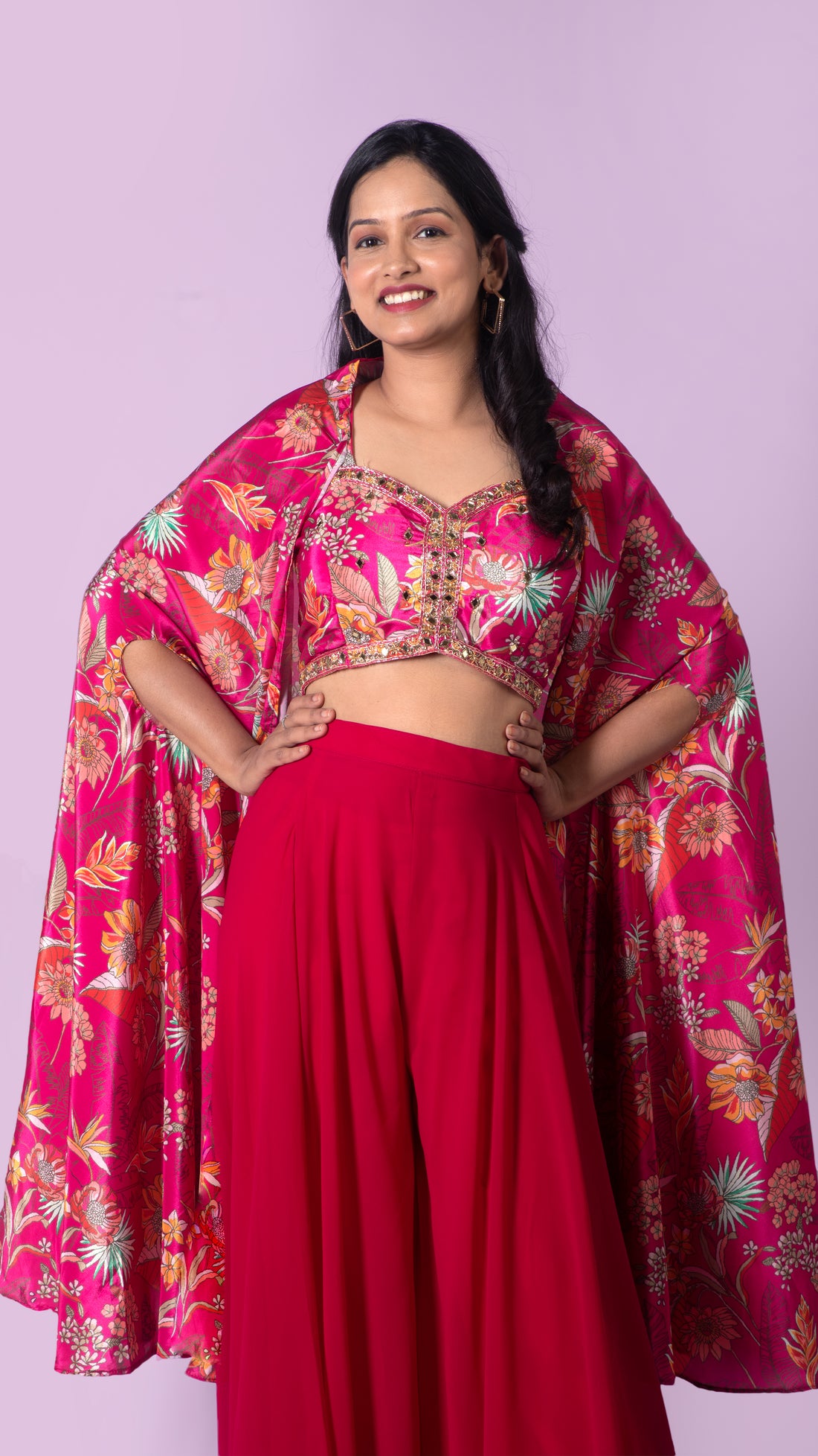 Floral Print Beaded Crop Top with Palazzo and Jacket