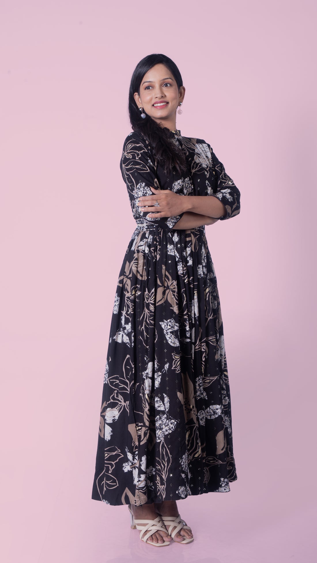 Heavy Floral Print Maxi Dress with Detachable Belt