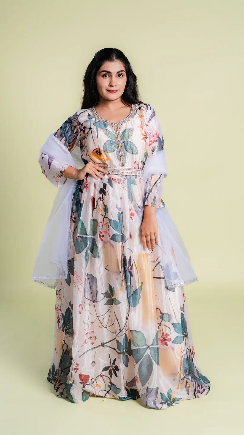 Floral Print Heavy Gown with Net Dupatta – Yosha.shop