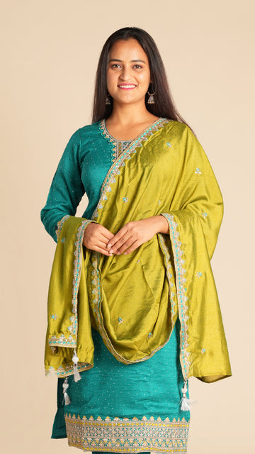 Heavy Embroidered Suit Set with Contrast Dupatta