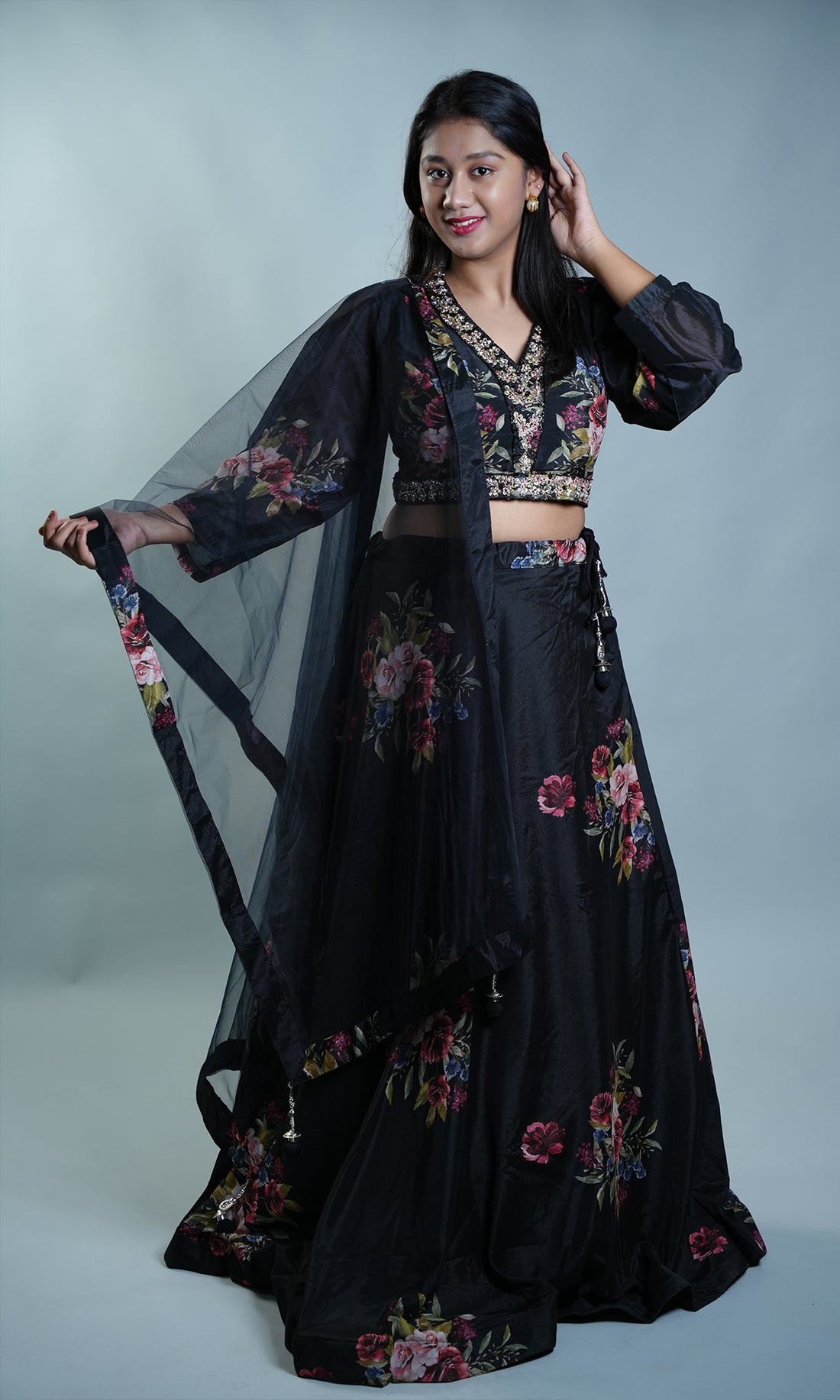 Heavy Floral Print Crop Top and Lehenga