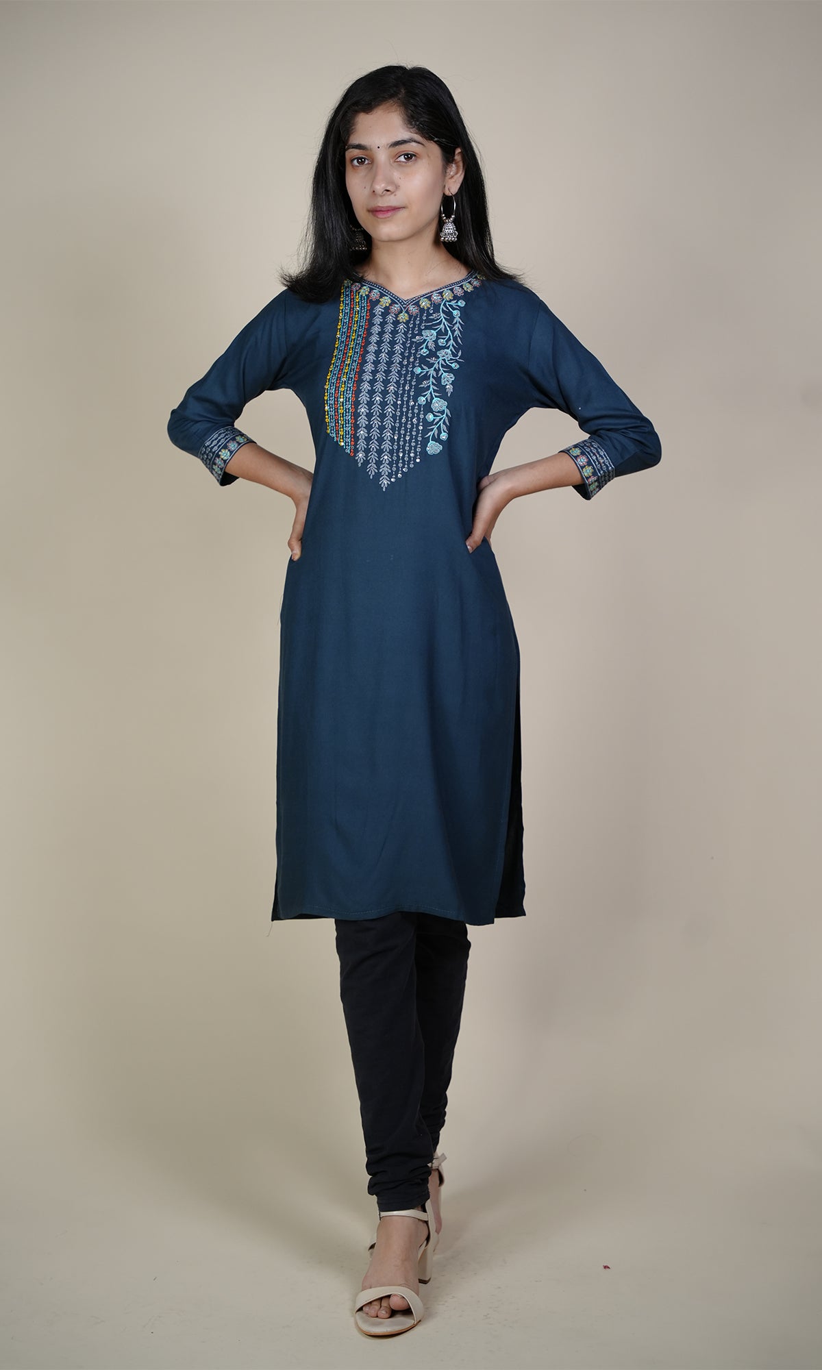 Rayon Slub Kurti with Embroidery on Neck