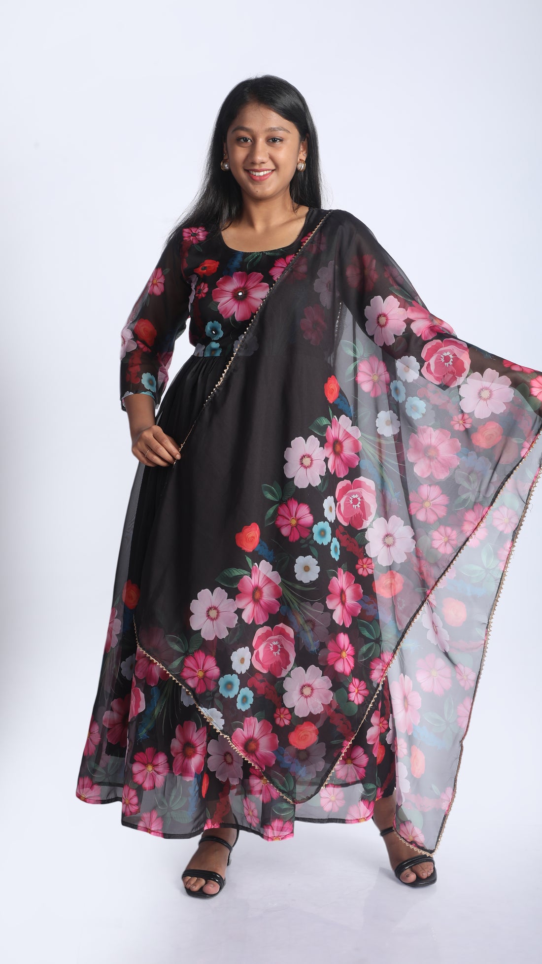 Floral Print Chiffon Frock with Printed Dupatta