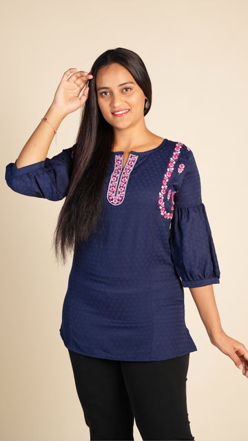Embroidered Neck Short Kurti with Puff Sleeves