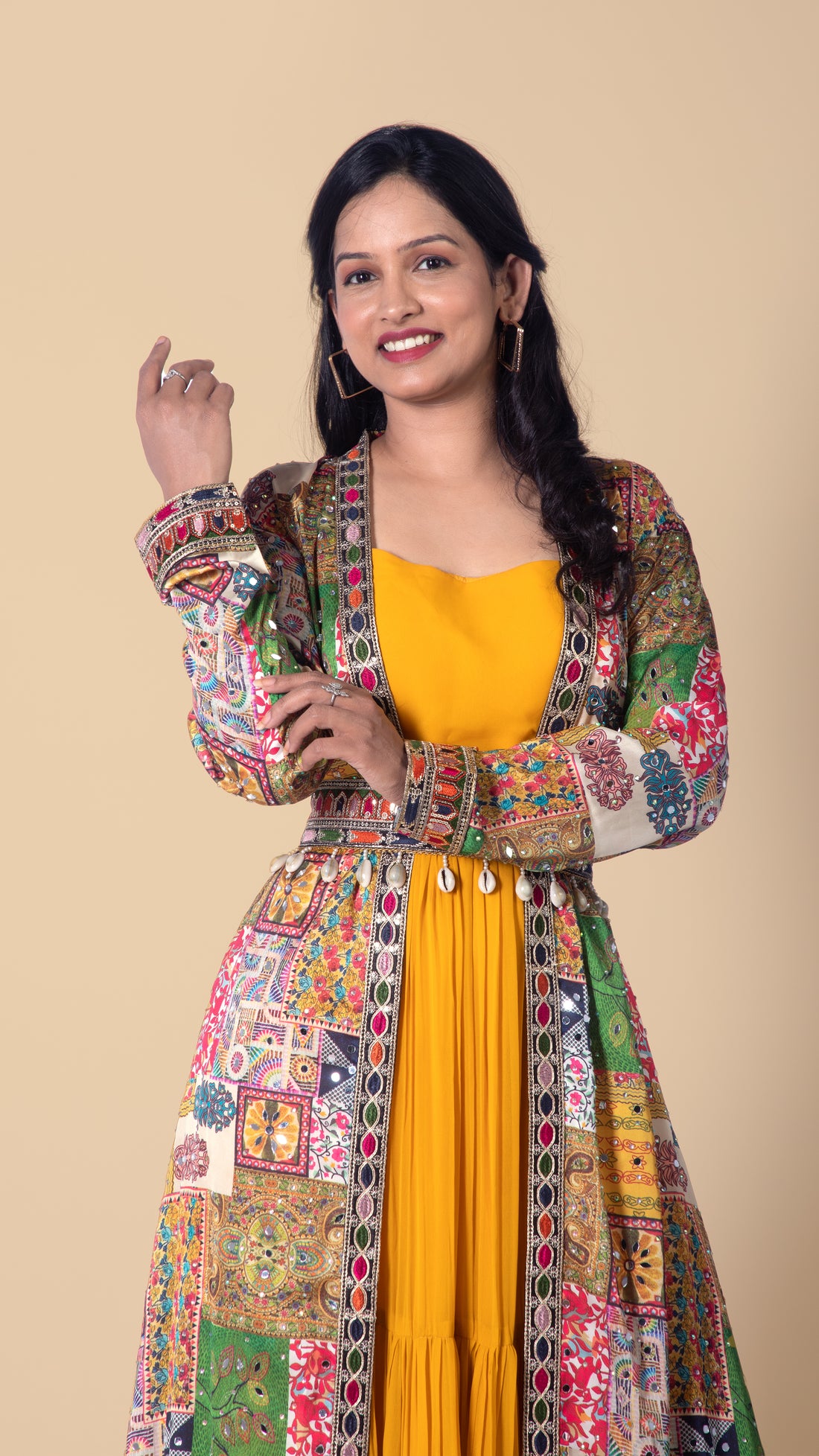 Indo Western Flared Gown with Printed Long Jacket and Detachable Belt