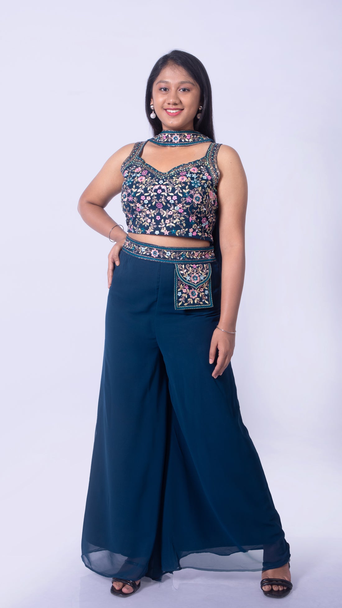 Palazzo with Attached Pocket and Embroidered Mirror Worked Top with Choker Dupatta