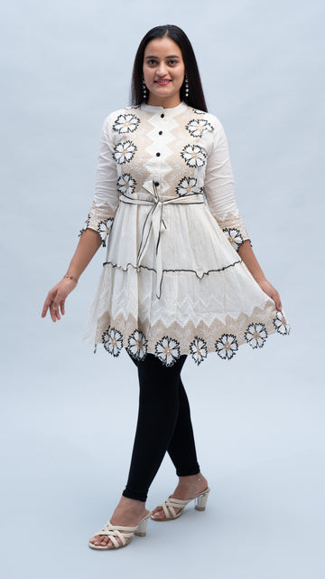 Floral Fit and Flare Short Kurti with Waist Tie