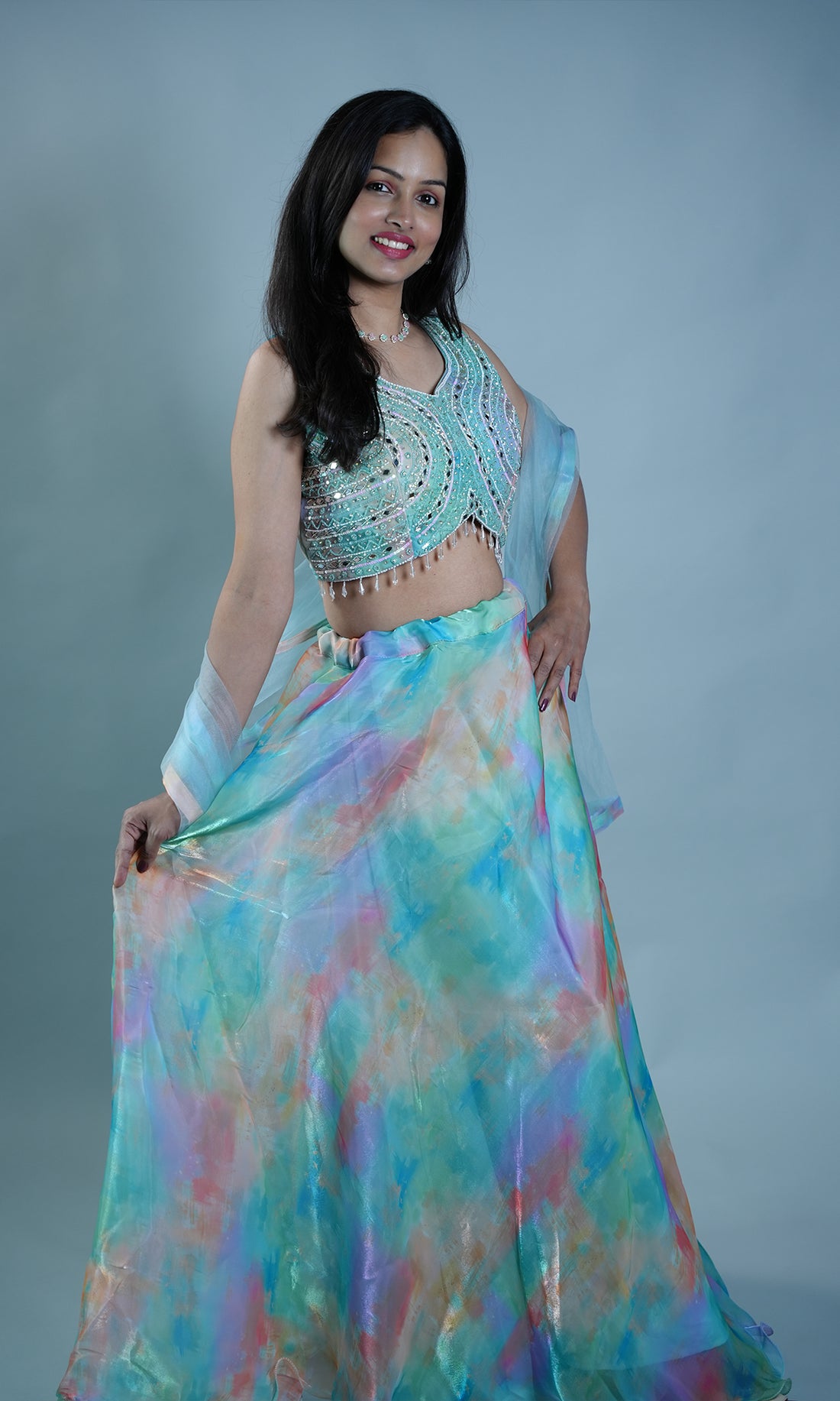 Mermaid Lehnga with Heavy Work Crop Top and Net Dupatta