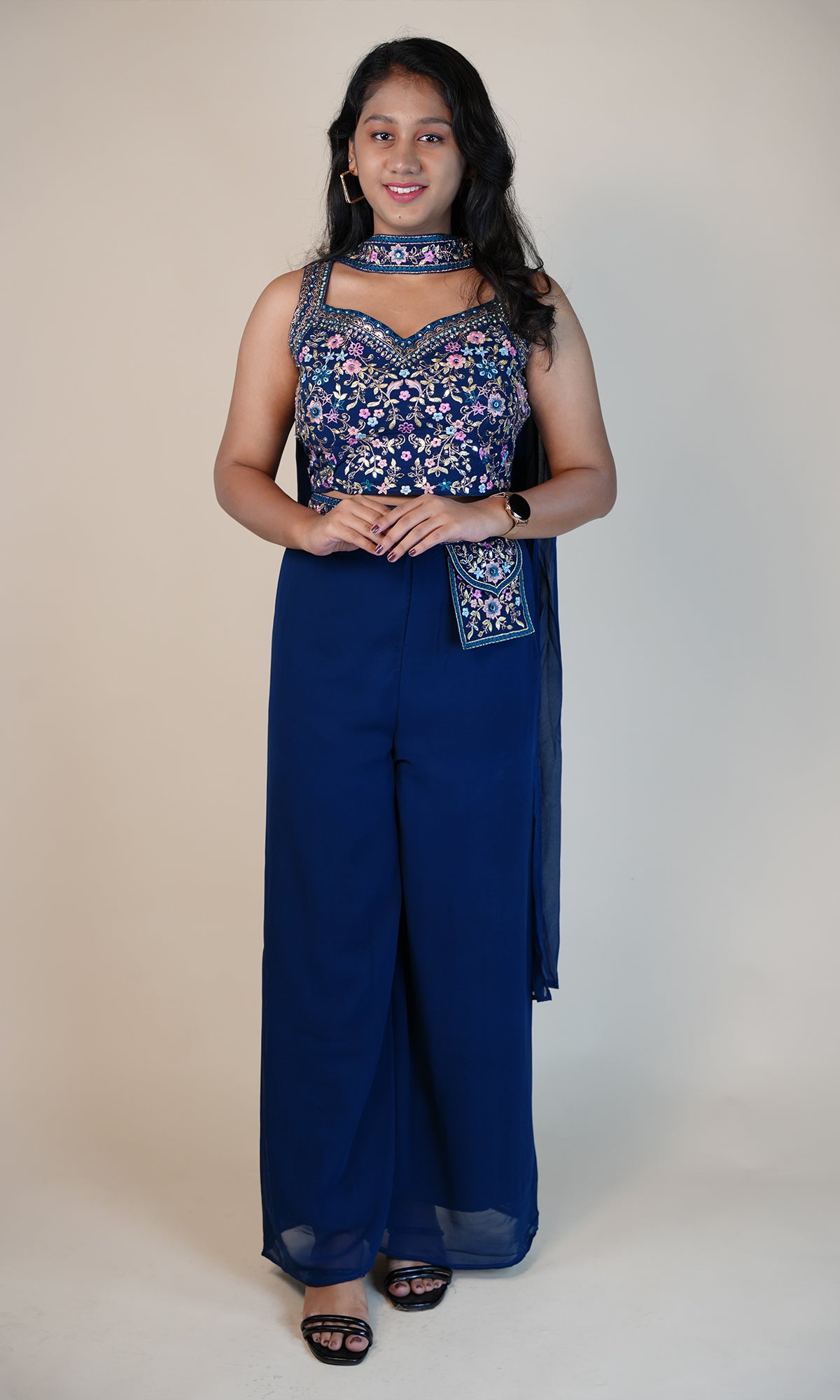 Palazzo with Attached Pocket and Embroidered Mirror Worked Top with Choker Dupatta