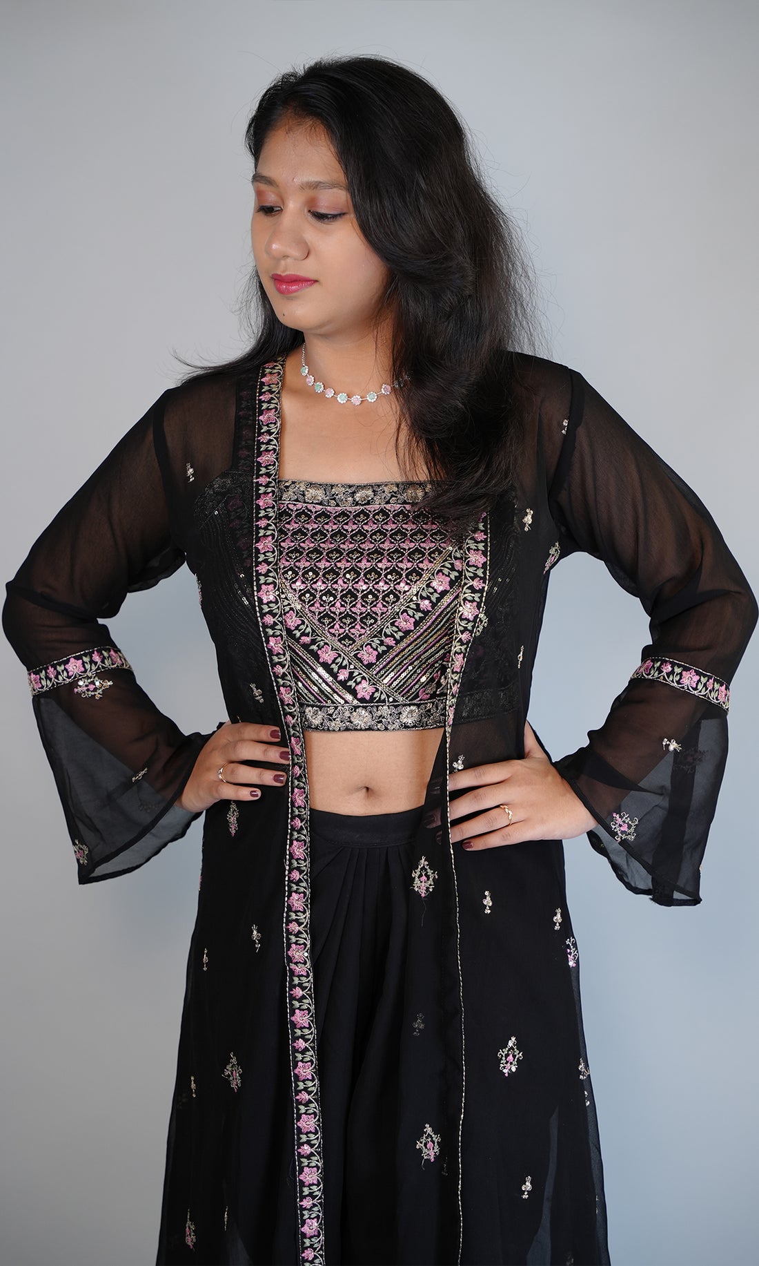 Embroidered Sequined Combination Crop Top with Dhoti Bottom and Long Jacket