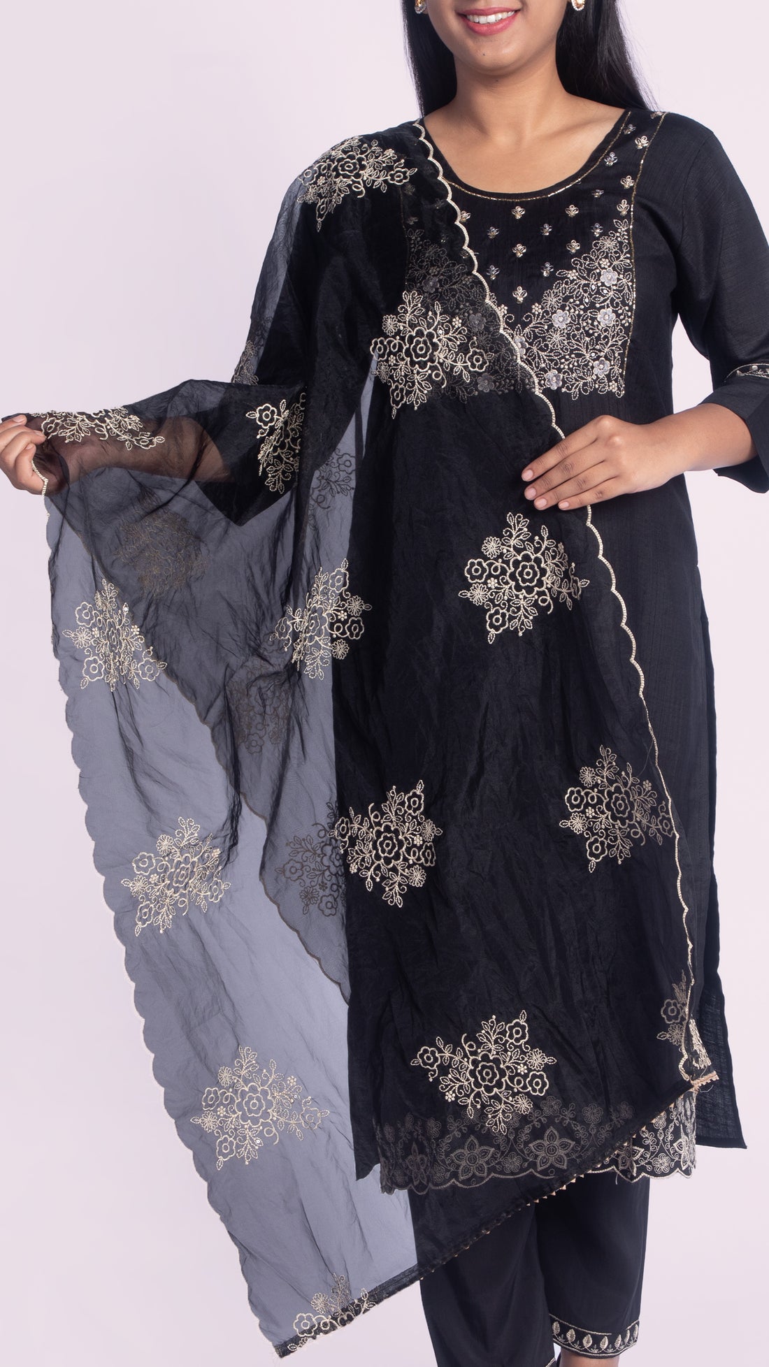 Lace Embroidery Combination Suit Set with Soft Net Dupatta