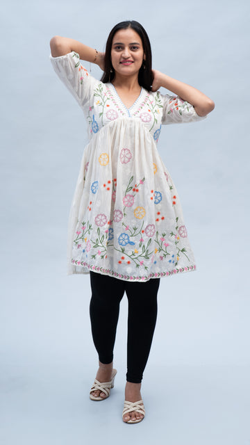 Floral Embroidered V-Neck Short Kurti