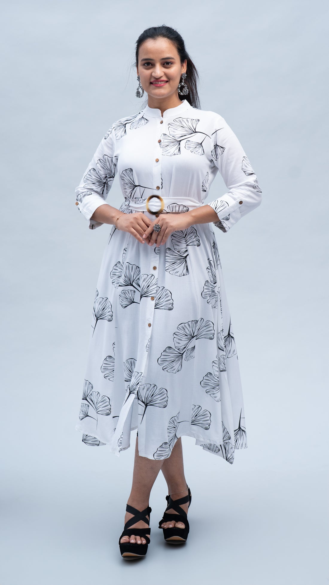 Leaf Print Short Middi Dress