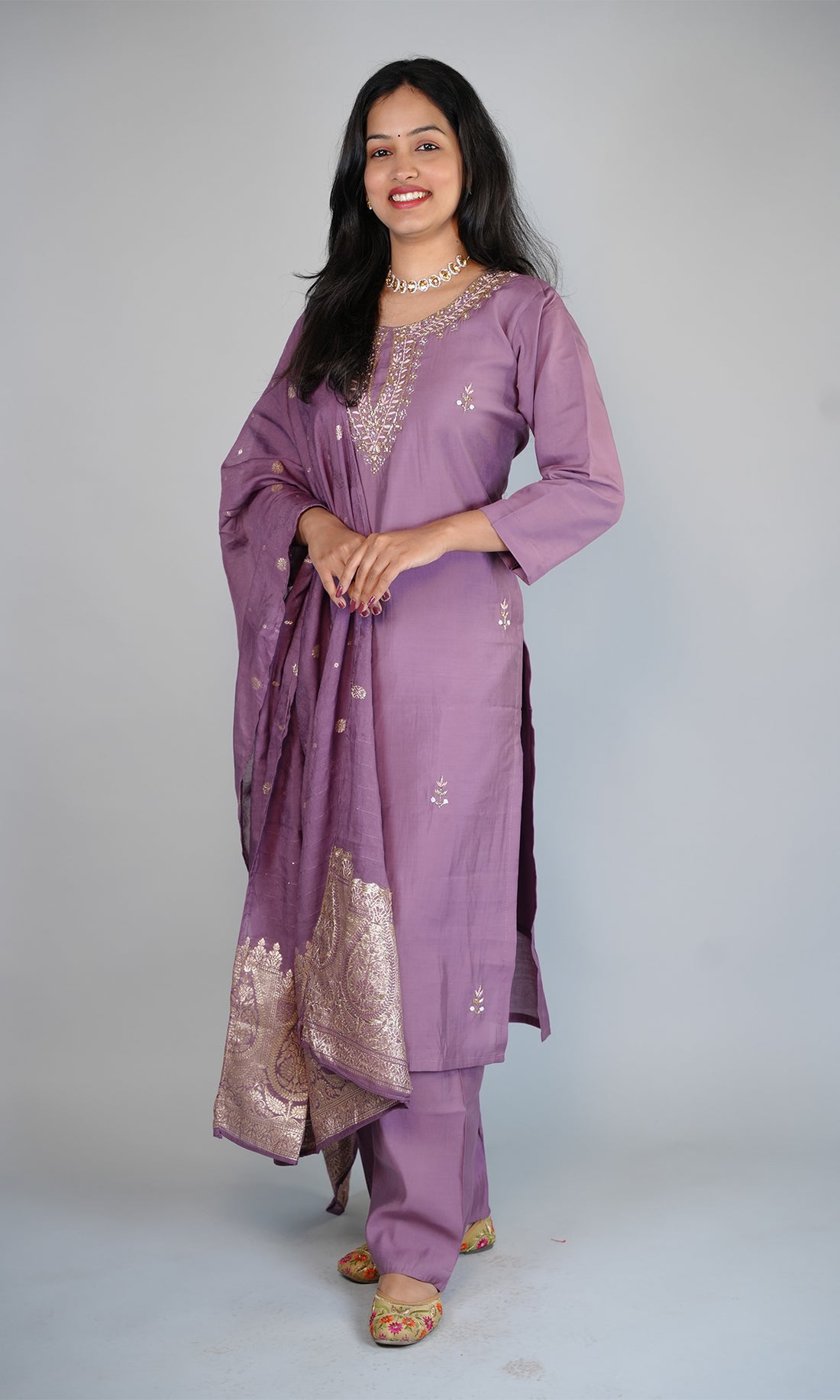 Silk Blend Suit Set with Chiffon Dupatta