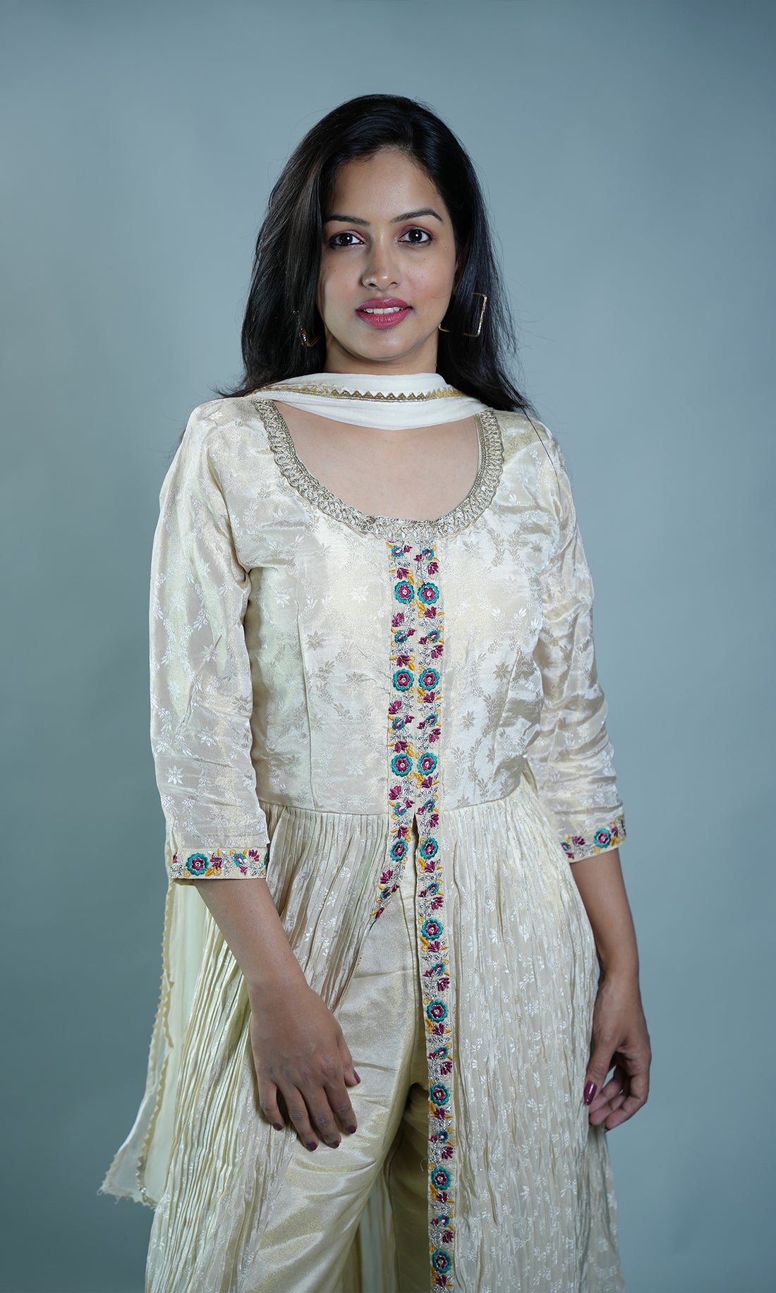 Front Slit Embroidered Cape Top with Straight Pant and Chiffon Dupatta