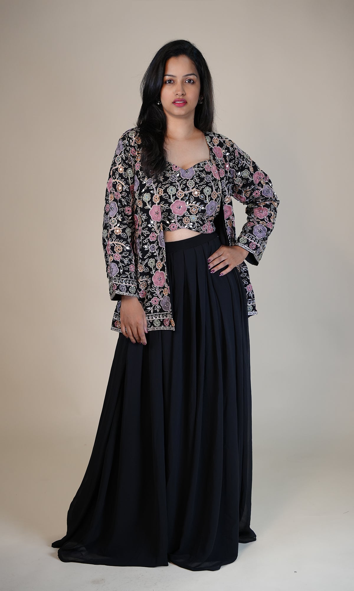 Embroidered Mirror Work Top and Flared Palazzo with Jacket