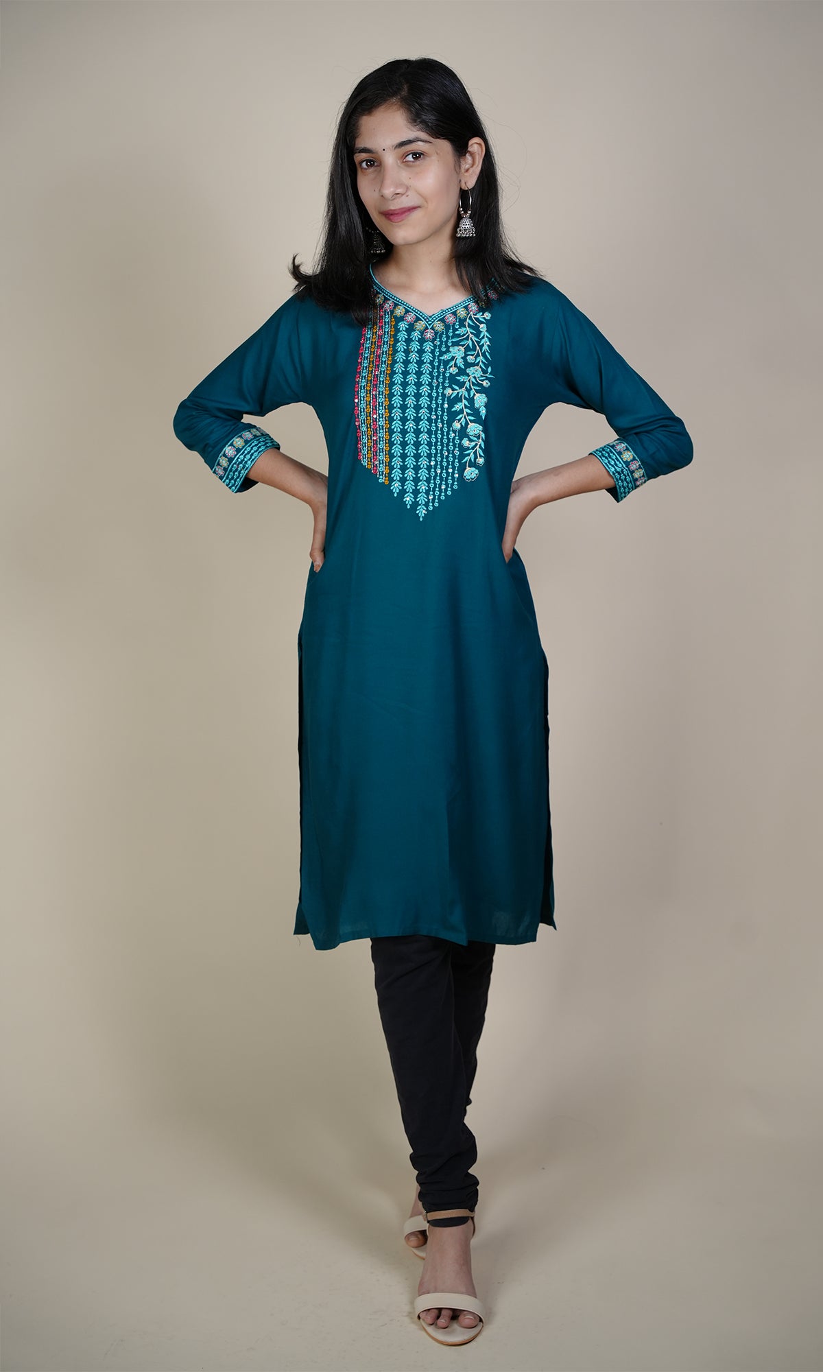 Rayon Slub Kurti with Embroidery on Neck