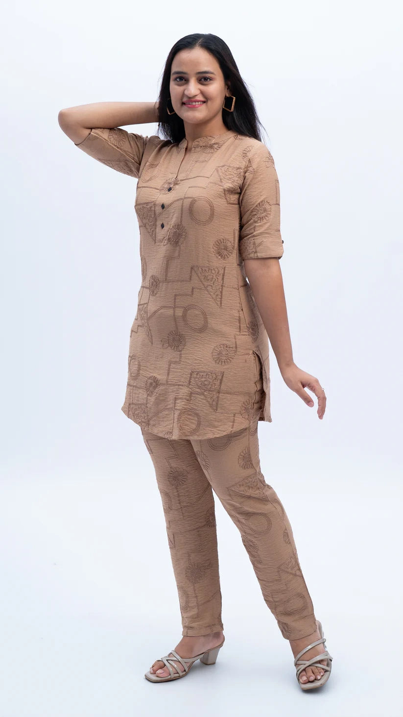 Basic Beige Threadwork Co-ord Set