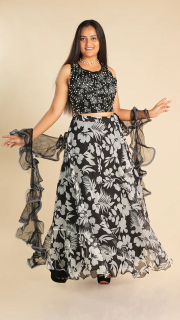 Embellished Floral Lehenga Set with Ruffle Dupatta