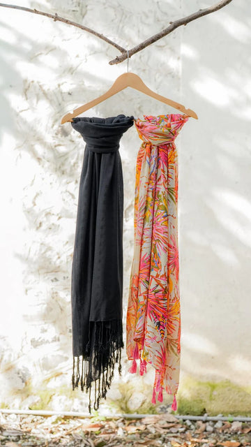 Lightweight Printed & Solid Scarves Set of 2