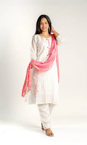 Cotton White Suit Set with Thread Worked Kurta