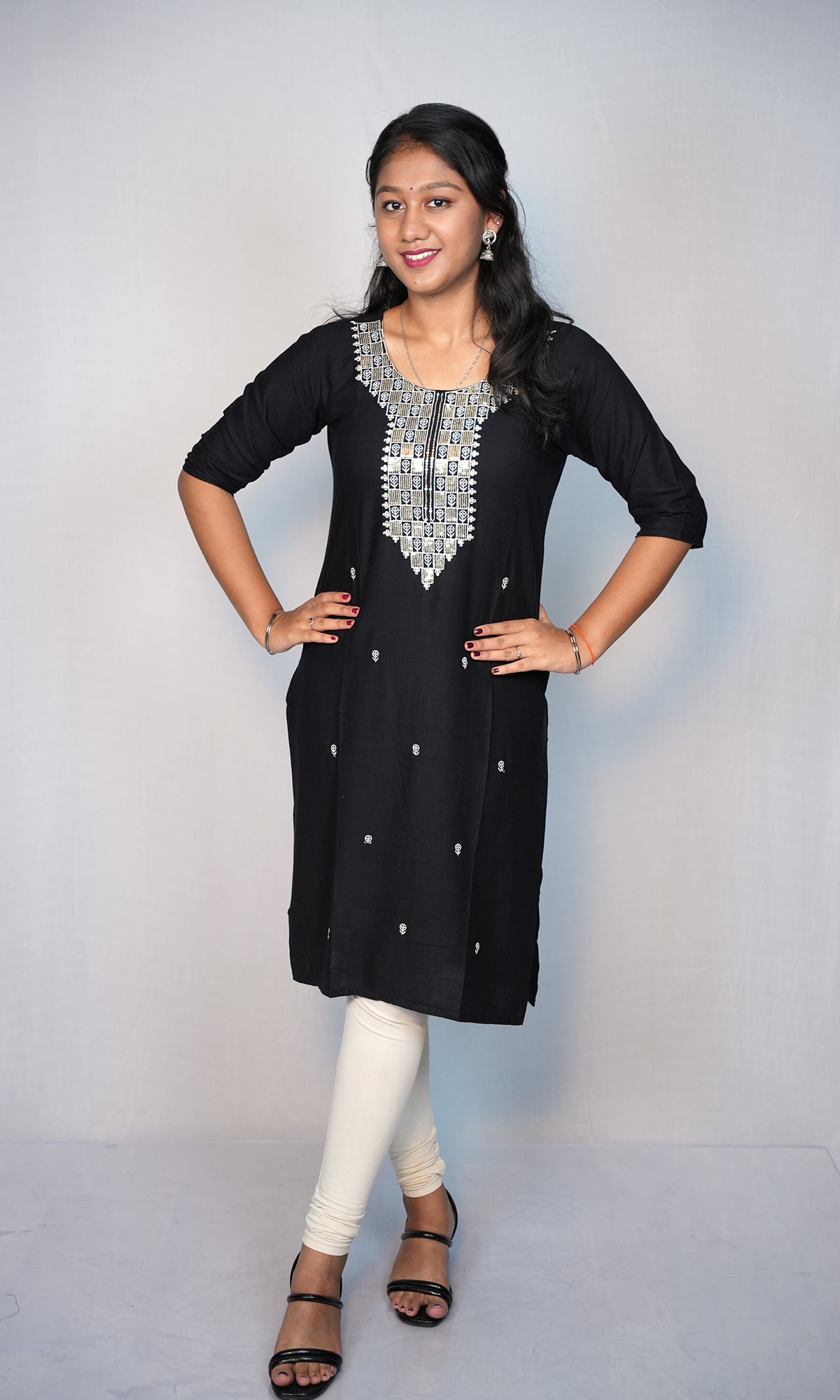 Rayon Slub Kurti with Sequin Neck Design