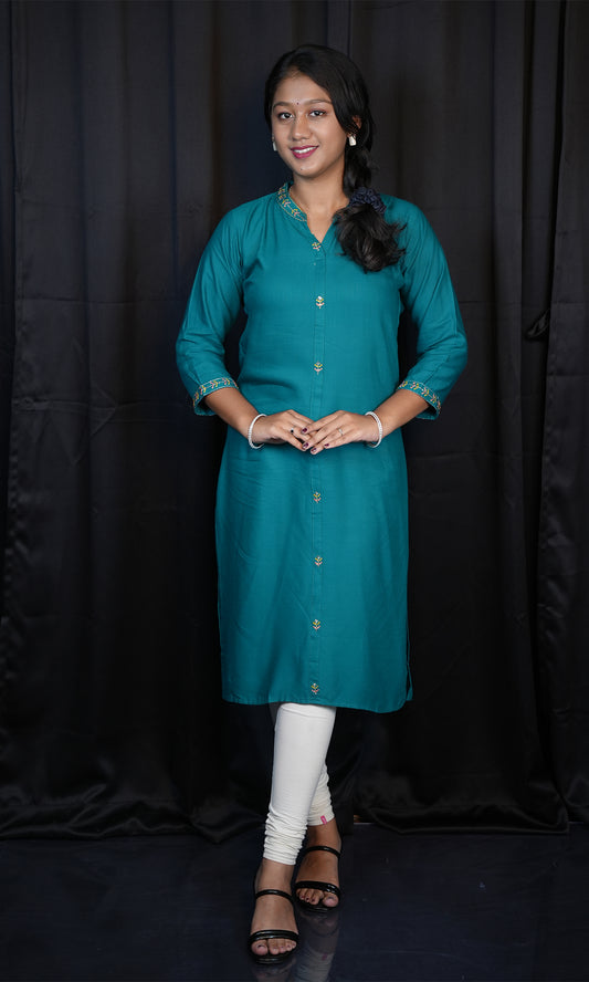 Rayon Slub Kurti with Embroidered Chinese Collar