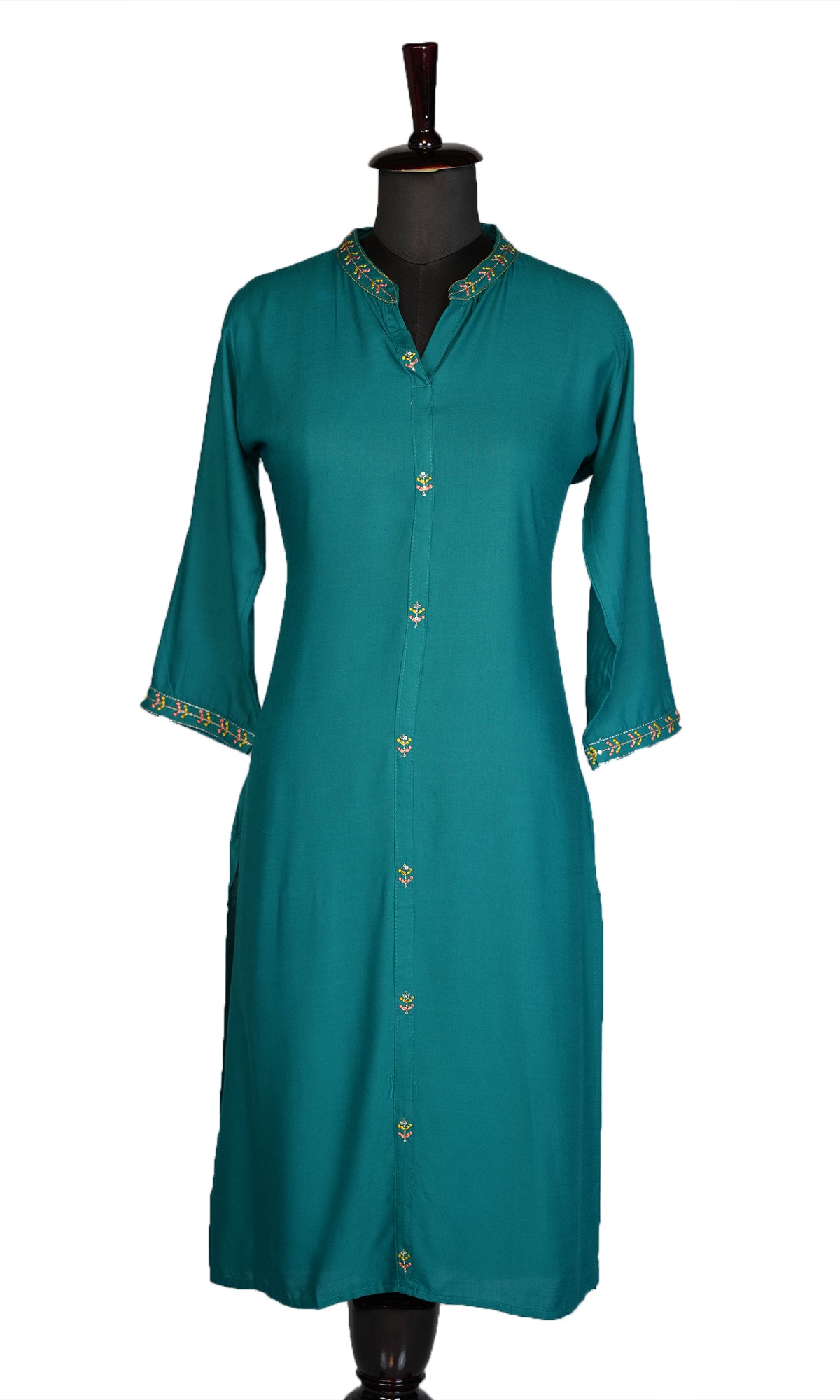 Rayon Slub Kurti with Embroidered Chinese Collar