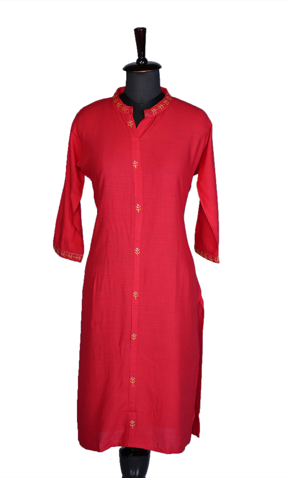 Rayon Slub Kurti with Embroidered Chinese Collar