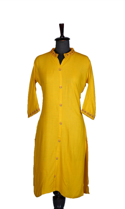 Rayon Slub Kurti with Embroidered Chinese Collar