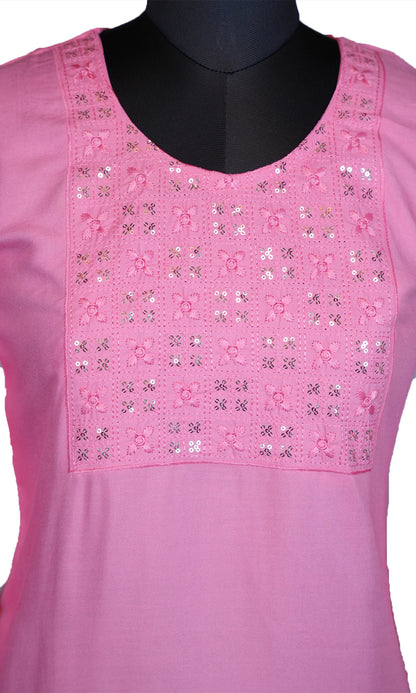 Rayon Kurti with Sequin and Embroidered Neck Work