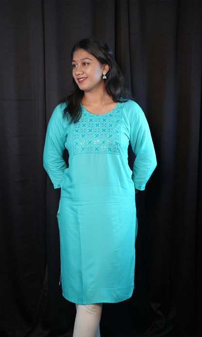 Rayon Kurti with Sequin and Embroidered Neck Work