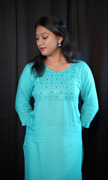 Rayon Kurti with Sequin and Embroidered Neck Work