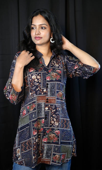 Rayon Printed Short Kurti with Johnny Collar