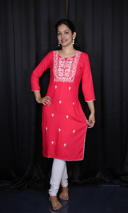 Rayon Cotton Kurti with Neck Embroidery