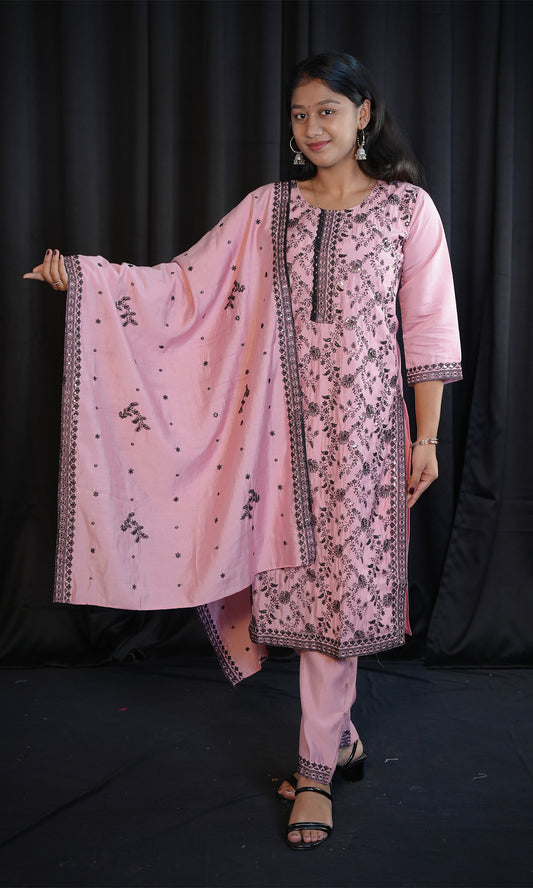 Emobroidered Kurta with Straight Pant and Dupatta