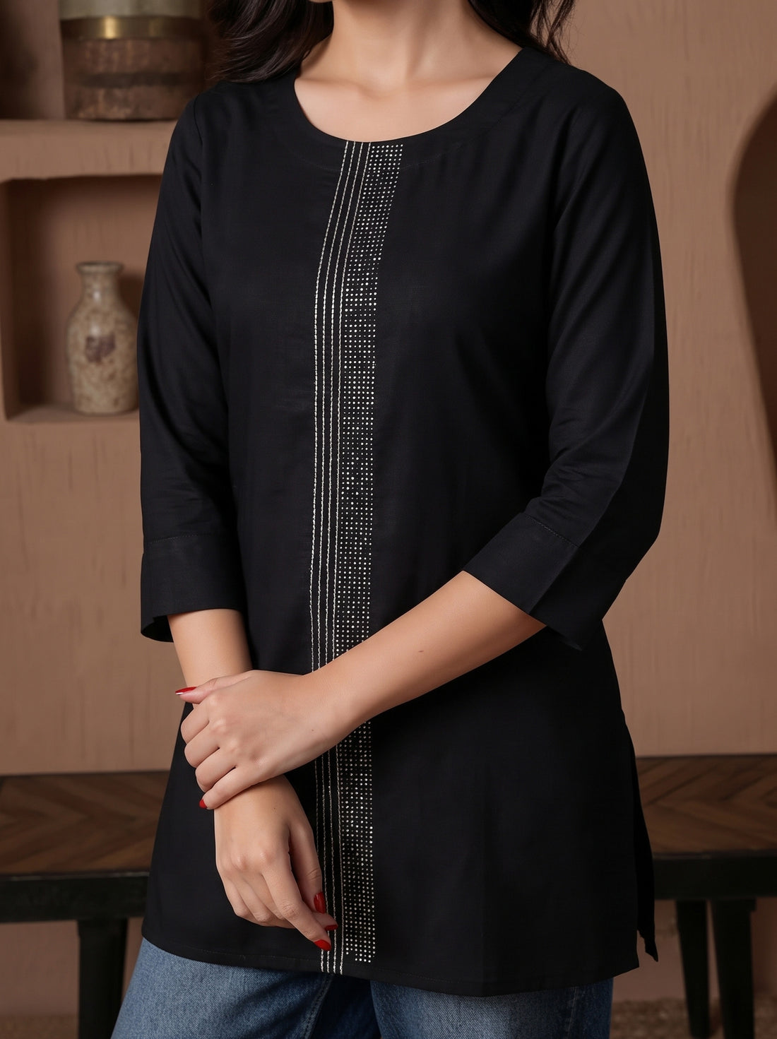 Elegant Embellished Short Kurti Round Neck