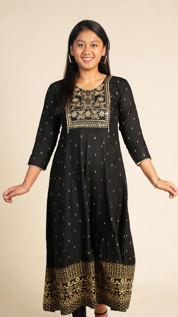 Gold Embroidered A-Line Kurta