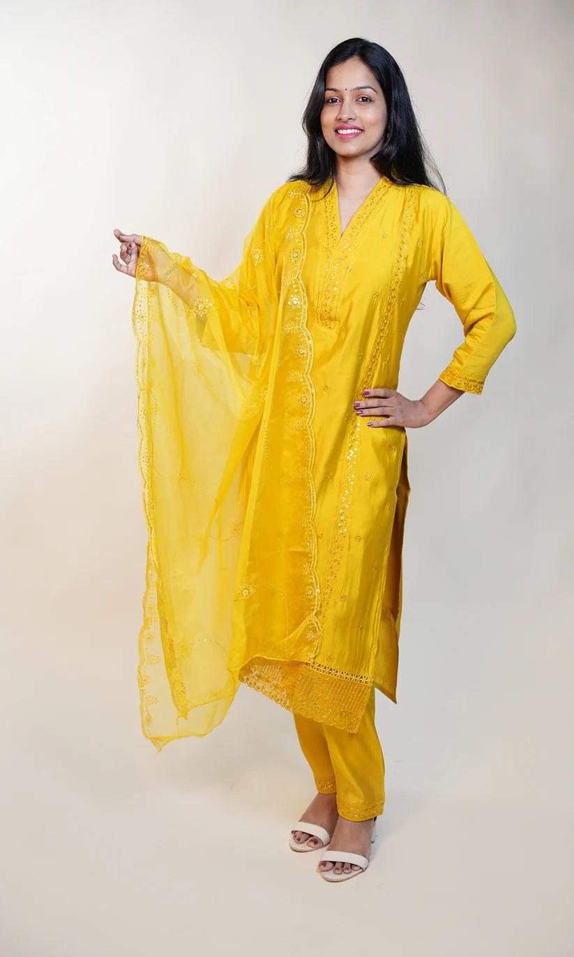 Ethnic Suit Set with Soft Net Dupatta
