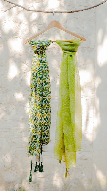 Printed Green & Patterned Scarves Set of 2