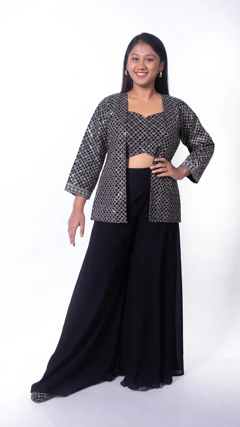 Flared Palazzo and Crop Top with Heavy Worked Jacket and Additional Jutti