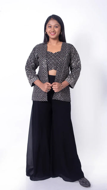 Flared Palazzo Crop Top & Jacket Set with Jutti