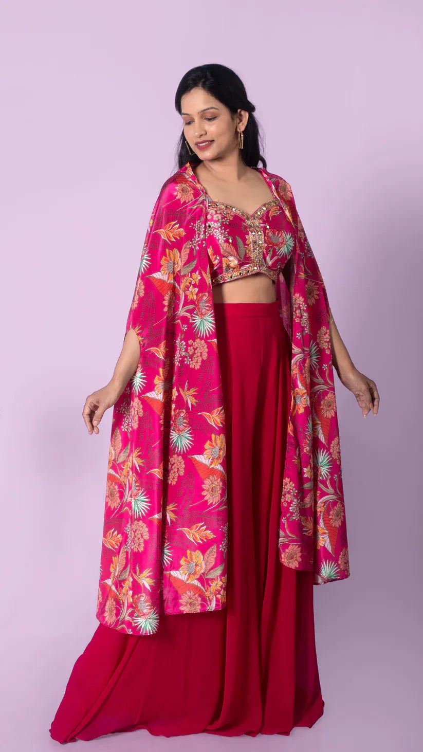 Floral Print Beaded Crop Top with Palazzo and Jacket