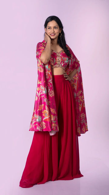 Floral Crop Top, Palazzo & Jacket Set